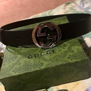 NEW $520 Interlocking G GUCCI Wide Leather Belt/ Silver Hardware Size 80 No box